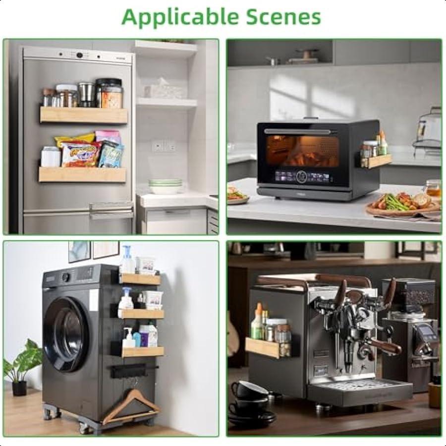 4 Pack Strong Magnetic Spice Rack for Refrigerator Wood and Metal Magnetic Shelf for Fridge Spice Storage Rack Kitchen Cabinet