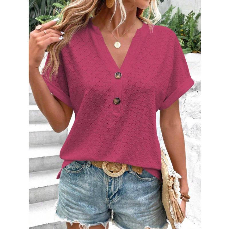 

YYFS Женская мода Повседневная Летняя Весна Однотонный Принт Короткие Рукава V-образный Вырез Блузки и Рубашки XXL розы красного