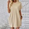 Summer Women Mini Dress Casual Loose Dolman Sleeve Round Neck Short Sleeves Side Pockets Above Knee Length Solid Color Soft Breathable Lady Dress