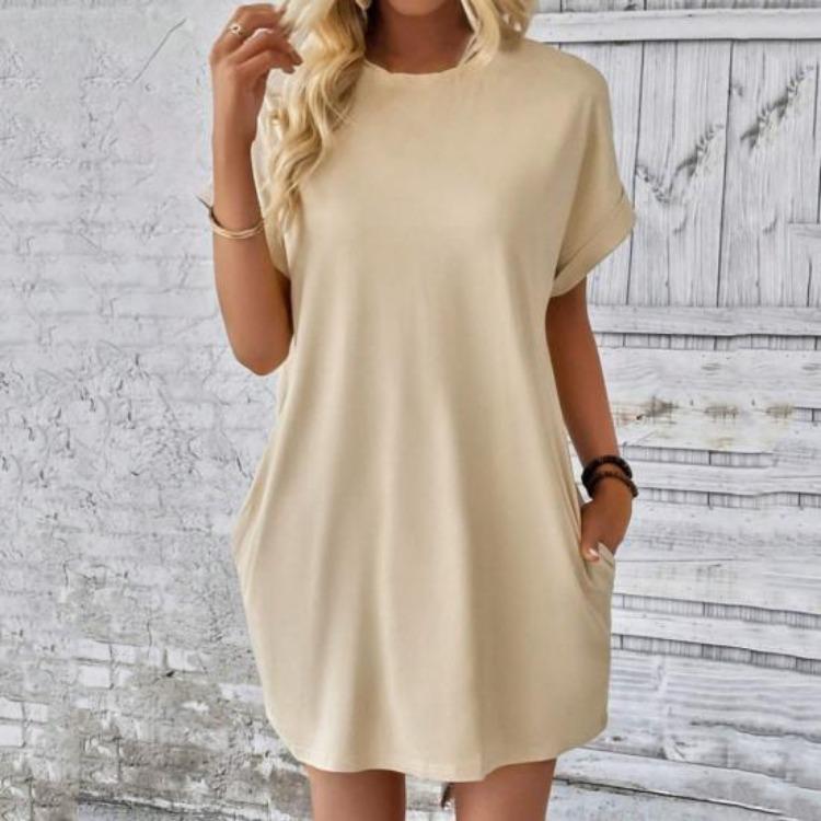 Summer Women Mini Dress Casual Loose Dolman Sleeve Round Neck Short Sleeves Side Pockets Above Knee Length Solid Color Soft Breathable Lady Dress