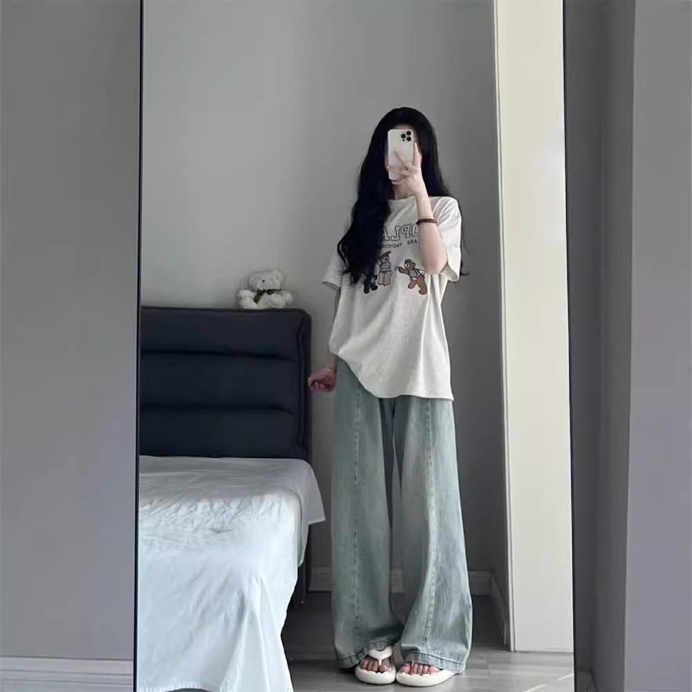 High-Waist Retro Drape Jeans for Women - Petite Loose Straight Wide-Leg Pants, Perfect for Spring & Autumn.