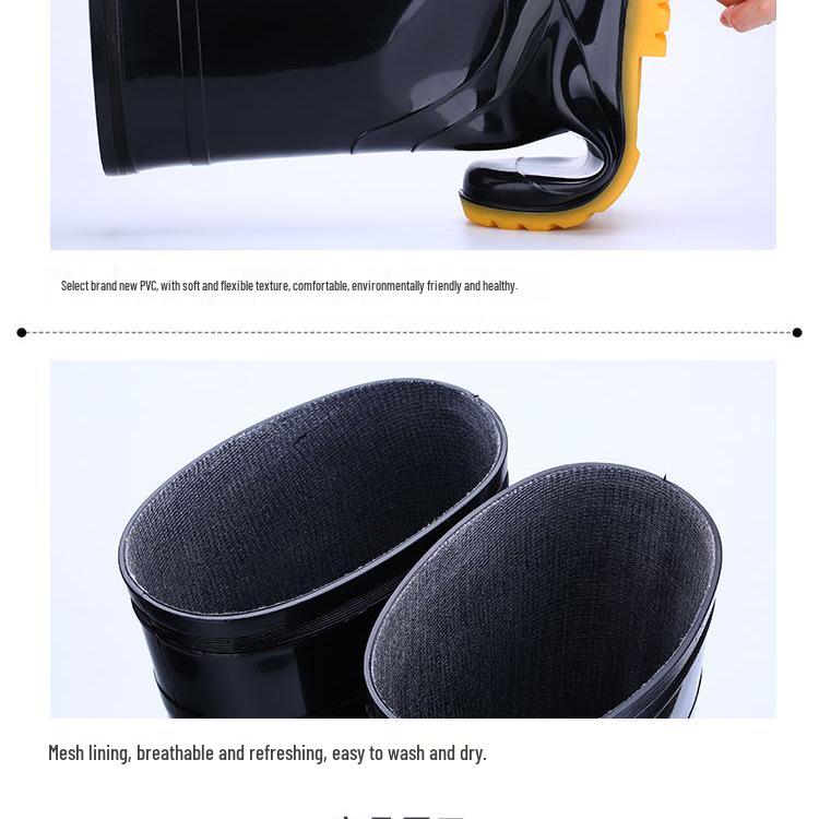 Men's Black Non-Slip Wear-Resistant High-Top Construction Rubber Rain Boots