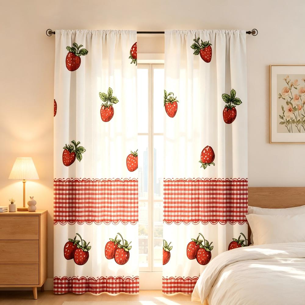 2PCS Digital Printed Curtain, Red Plaid Strawberry Pattern, Country Farmhouse Kitchen Style Window Drapes for Dining Room