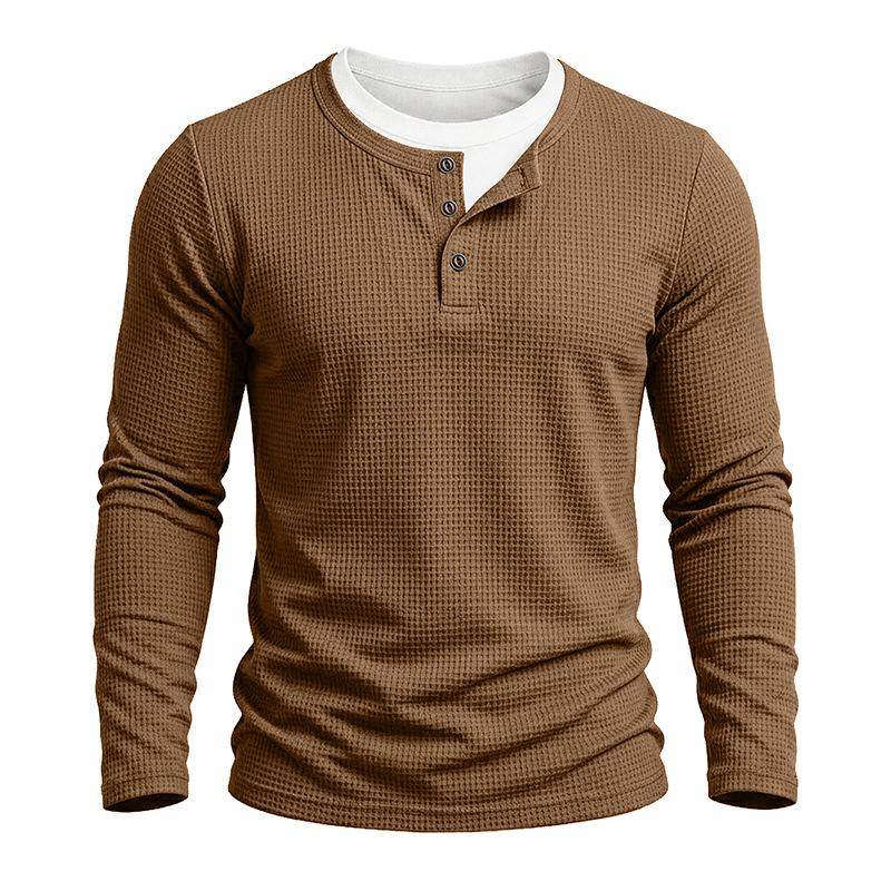 Herbst Winter Herren Fake Two-Piece Langarm Henley T-Shirt Waffel Casual Basisschicht T-Shirts Amerikanischer Stil Oberteile