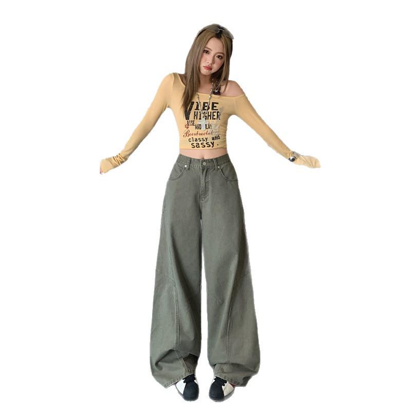 Army Green Retro High-Waisted Wide-Leg Cargo Pants for Women - Slimming and Loose Fit