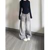 Women's High Waist Grey Distressed Retro Jeans – Loose Wide Leg, Floor-Length Design