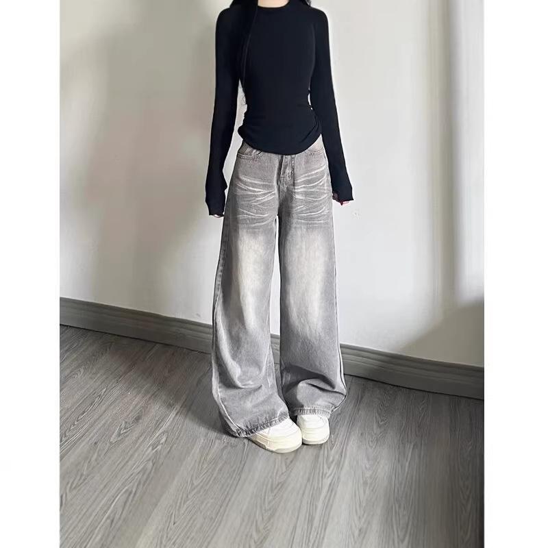 Women's High Waist Grey Distressed Retro Jeans – Loose Wide Leg, Floor-Length Design