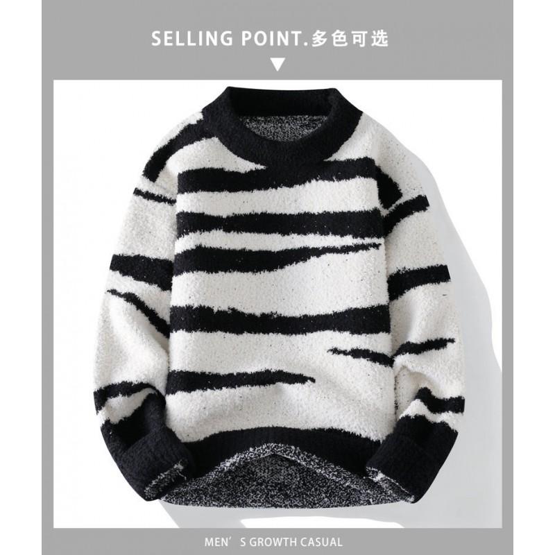 Soft Thick Knit Sweater Men Women Winter Warm Crew Neck Pullover With Zebra Casual Long Sleeve