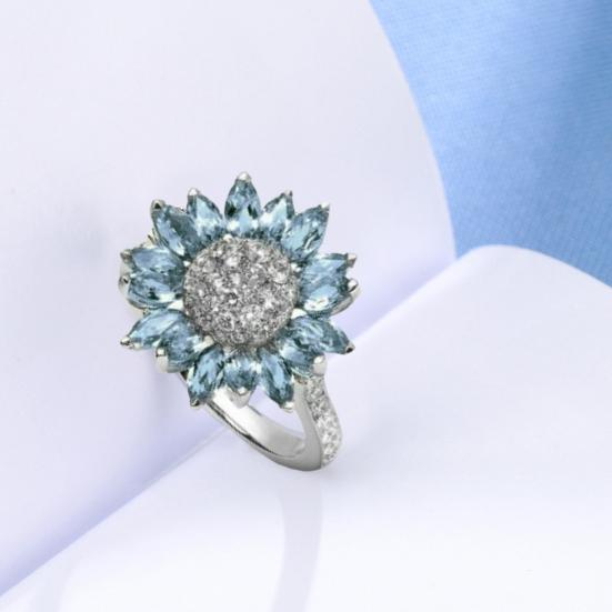 Yousheng Damenring Braut Funkelnder Zirkonia Inlay Funkelnde Geometrie Dekoration Weißer Aquamarin Sonnenblumenform Hochzeitsverlobungsring Schmuck