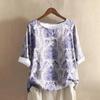 Women's Fashionable And Casual Shirt Half-sleeve Round Neck Print Cotton And Linen Blouse Top