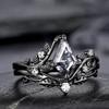 Vintage Gothic Black Color Branch and Leaf Set Zirconia Ring, Personalized Punk Style Women's Holiday Party Jewelry Accessories
