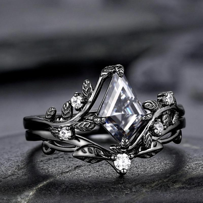 Vintage Gothic Black Color Branch and Leaf Set Zirconia Ring, Personalized Punk Style Women's Holiday Party Jewelry Accessories