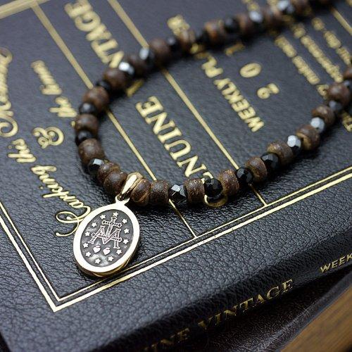 Silver One si Miraculous Medal Virgin Mary Necklace with Wood Beads, Black Spinel, and Hematite for Men (50cm + Adjustable Chain)