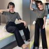 Damen Sommer 2025 Koreanische Mode: Übergröße Gestreifte Weitbeinige Hose & Kurzärmeliges Lässiges Zweiteiler-Set