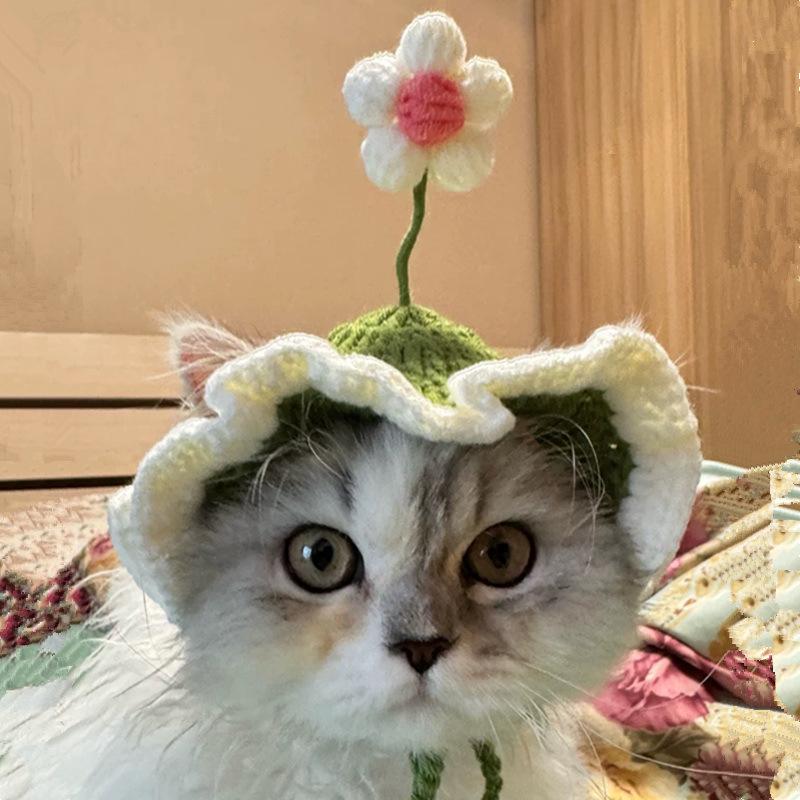 Cute Adjustable Cat Hat Elastic Pet Hat for Cats Small Dogs Kitten Headwear with Small Flowers Party Photo Decoration