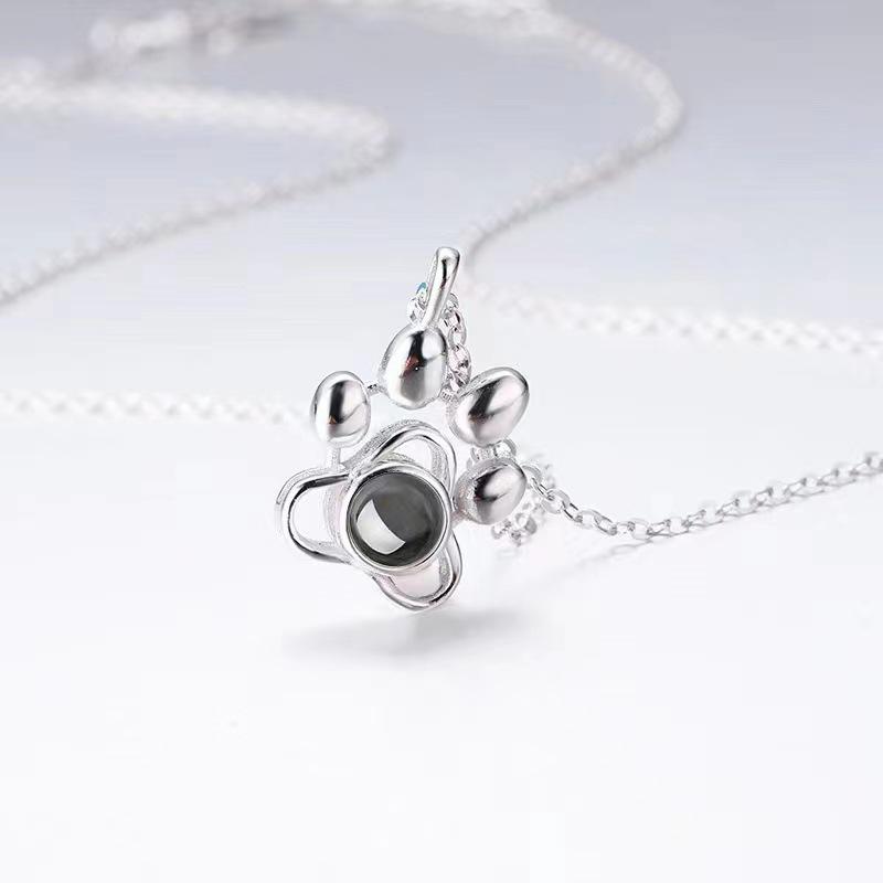 925 Titanium Steel Paw Print Dog Tag Necklace - Cute Collarbone Chain with Animal Markings Projection Pendant