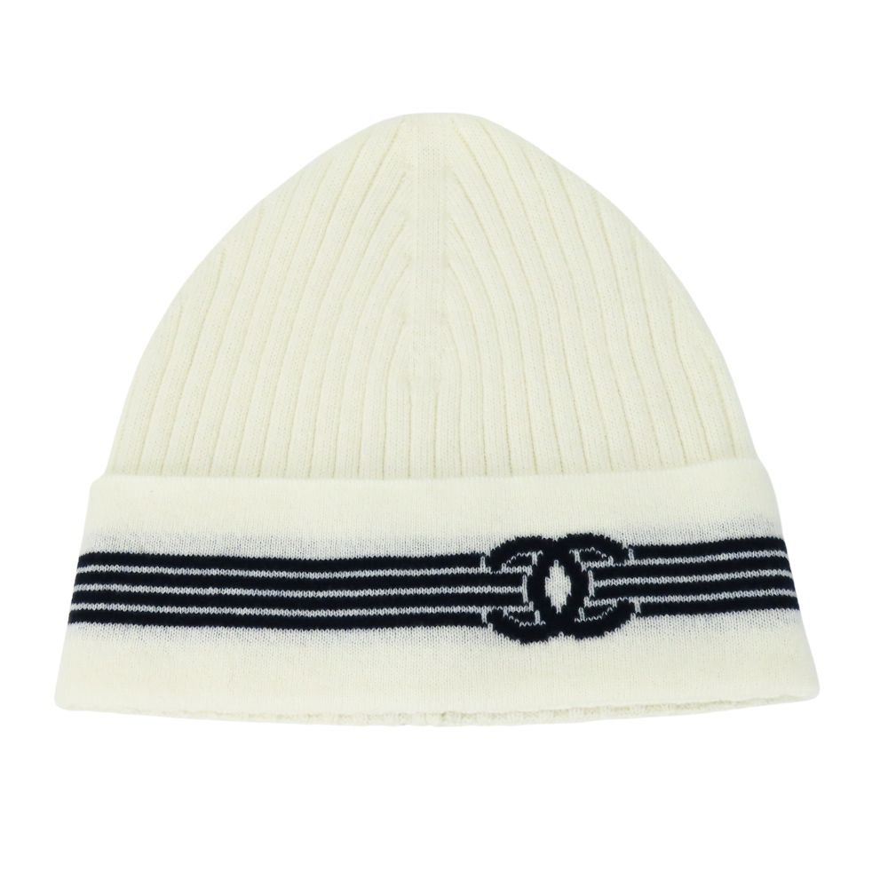 Used CHANEL Knit Cap Cashmere/cotton White Black Knit Hat