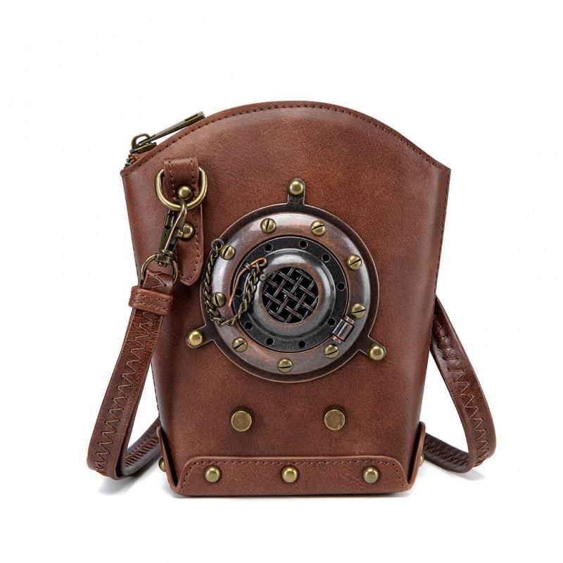 Steampunk Vintage Mini Square Crossbody Bag Women PU Leather Rivet Chain Detail Zip Phone Pocket