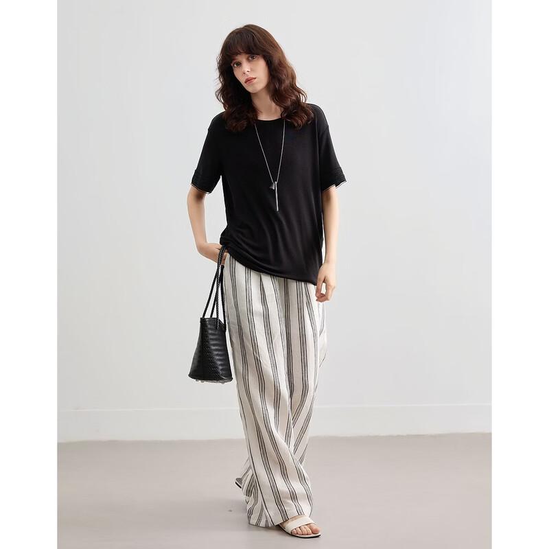 Women's Elegant Wool Blend Short-Sleeve Tee with Lace Trim