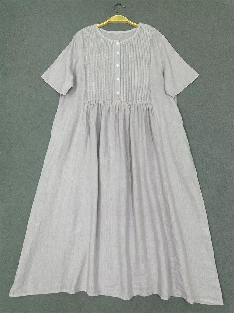 Johnature Letní japonské akordeonové záhyby, ležérní retro jednoduché dámské šaty s krátkým rukávem