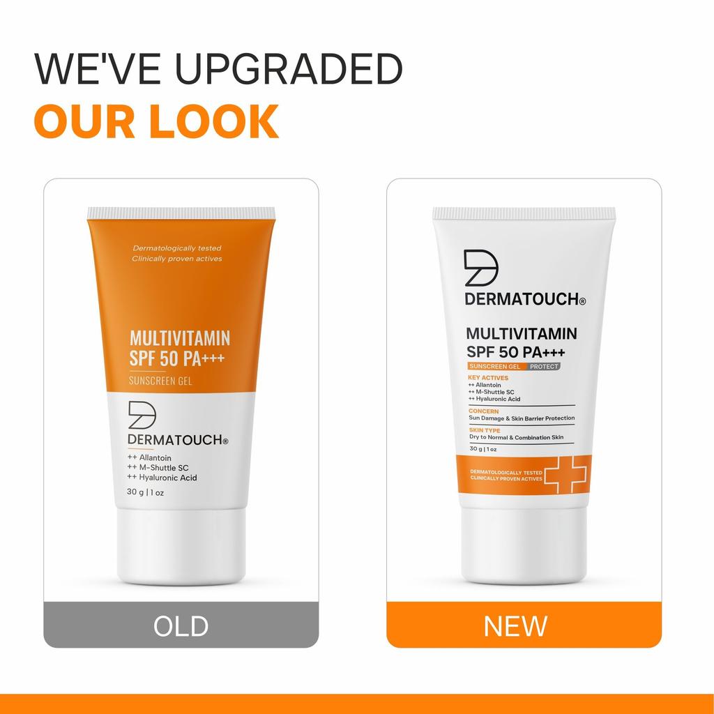 DERMATOUCH Gel Solaire Multivitamines SPF 50 PA+++ Pour Tous Types de Peau | Protection UVA-UVB | Zéro Trace Blanche | Adulte Unisexe | 30g