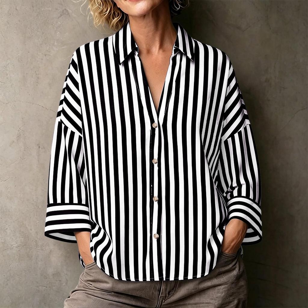 Women's Striped Lapel Button Down Long Sleeve Blouse Loose Fit for Work