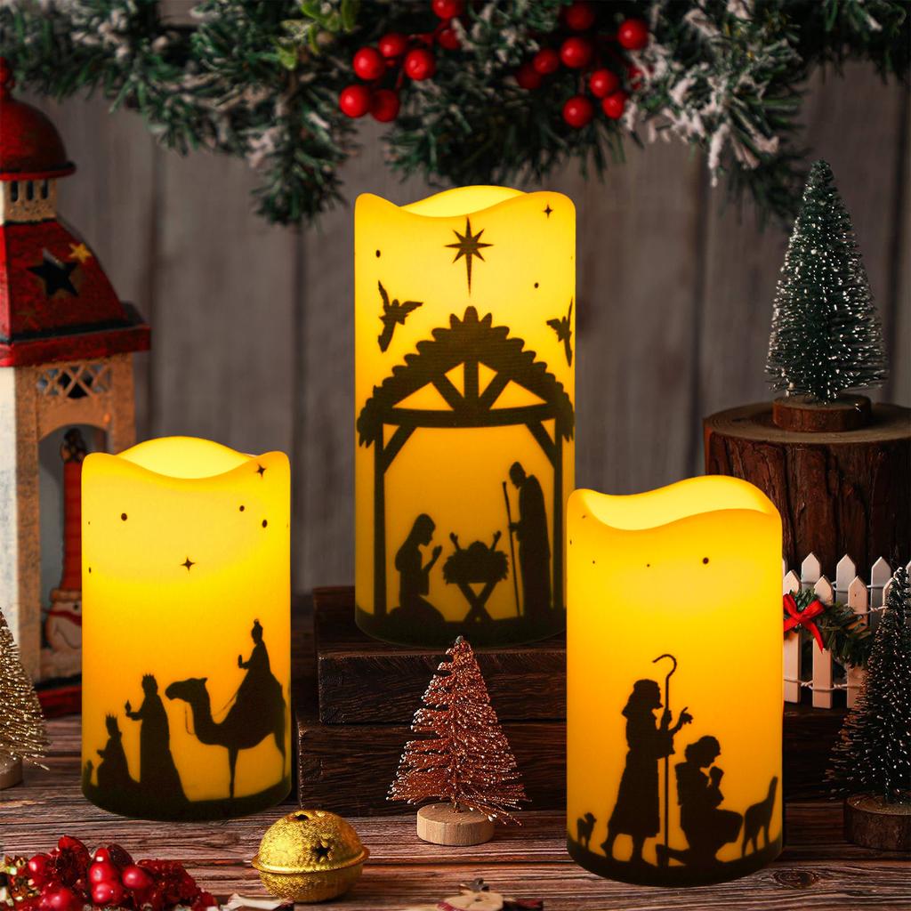 5pcs Flameless LED Christmas Nativity Scene Candle Lights Battery Powered Religious Pillar Decoration for Indoor Holiday Home
