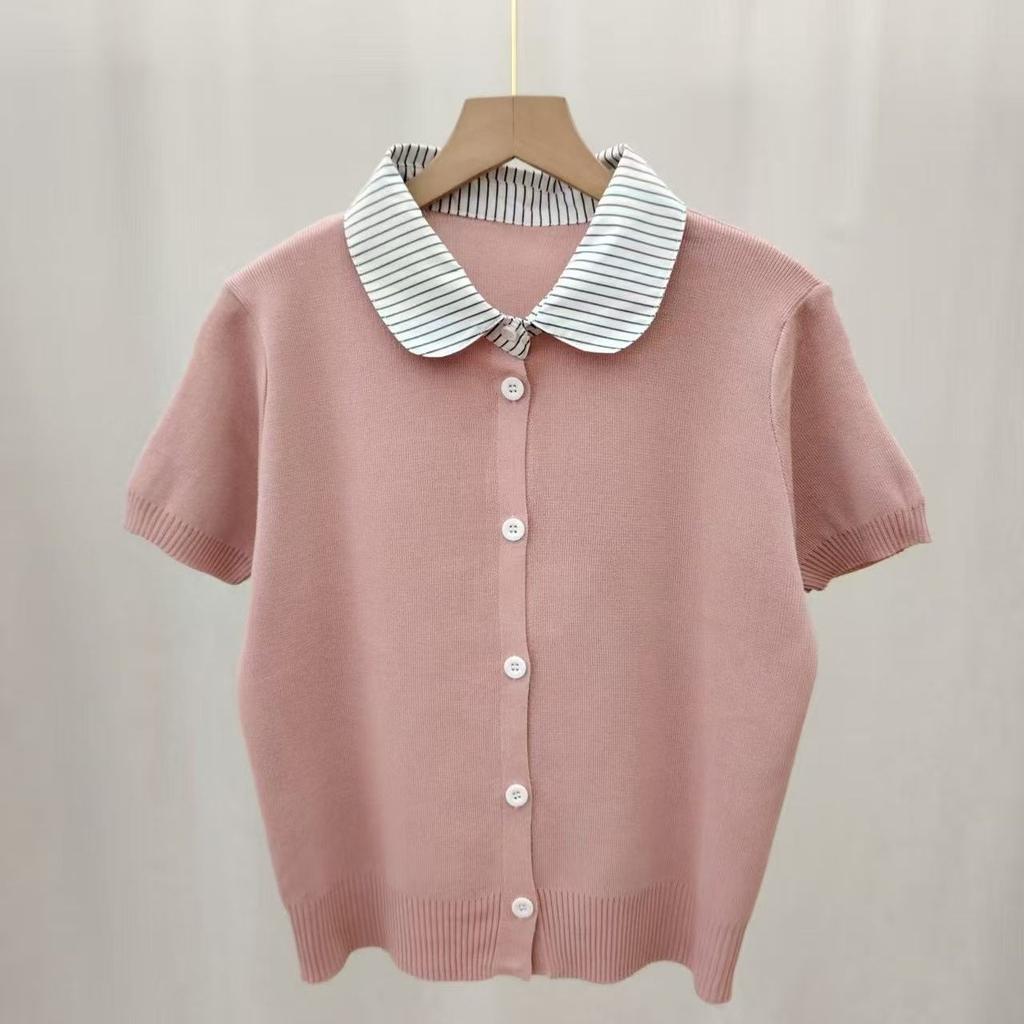 Baby Collar Knitted Cardigan Women's Summer Clothing - New Style Loose and Laid-back Style Outerwear, Top with Thin Short Sleeves, T-shirt Type Shirt