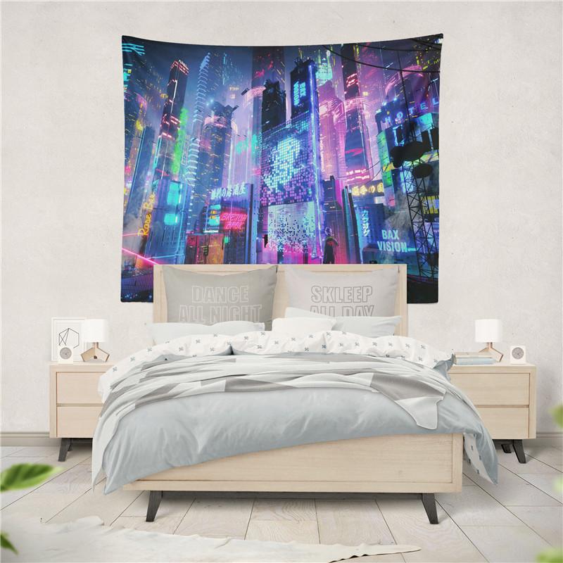 Aertemisi Cyberpunk Neon City Futuristic Aesthetic Tokyo Japan Japanese Anime Tapestry Wall Hanging Art for Bedroom Living Room