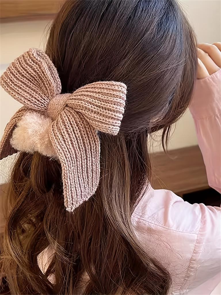 1pcs Soft Autumn and Winter Bow Plush Elastic Hair Ties | Ponytail Holders for Women's Party Outings and Daily Styling Accessori