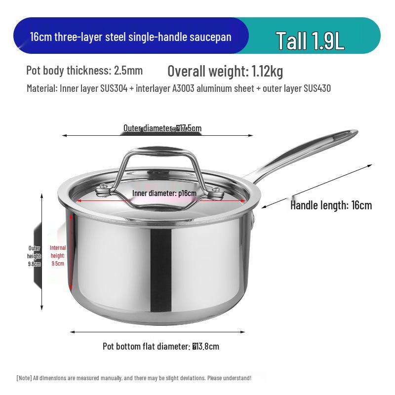 304 Stainless Steel Three-Ply Saucepan with Single Handle for Induction, Ideal for Baby Food, Noodles, and Household Cooking.