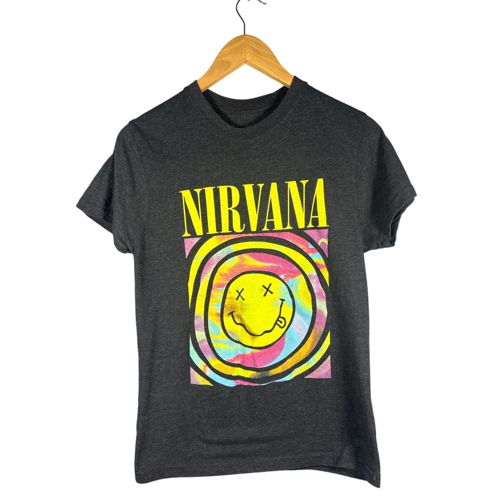 Nirvana Smiley Face Band T T-Shirt Charcoal Gray Women's Size Medium