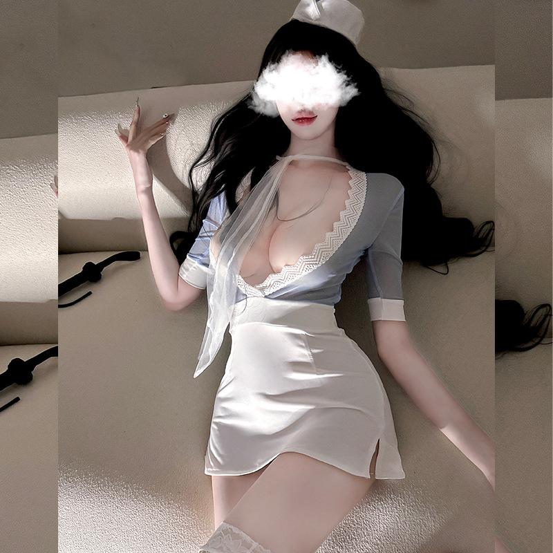 Sexy Sexy One-piece Secretary Hip Skirt Deep V Open Placket Uniform Temptation Pajamas Skirt Set