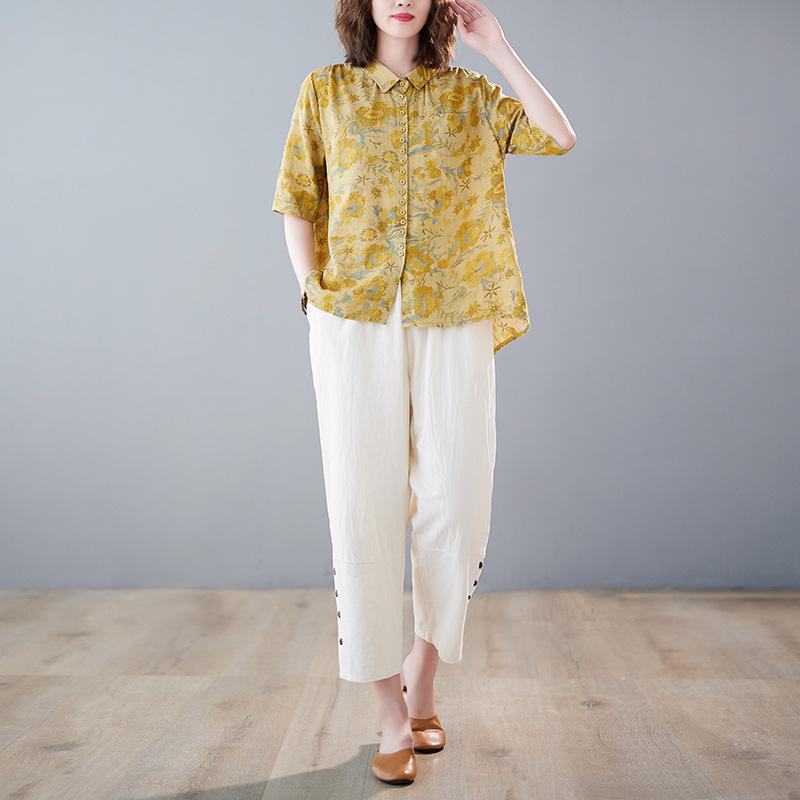 Women's Summer Print Set Casual Collar Shirt+pants Cover Two-piece Set