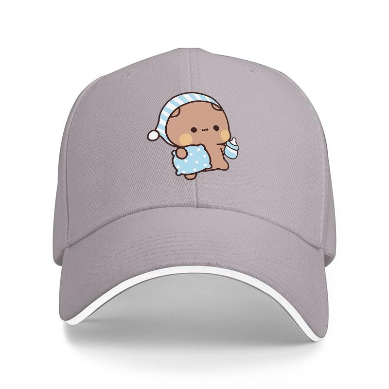 Cute Baby Bear Wearing Nightcap and Holding Bottle Baseball Cap Black with White Trim Adorable Cartoon Design for Adults