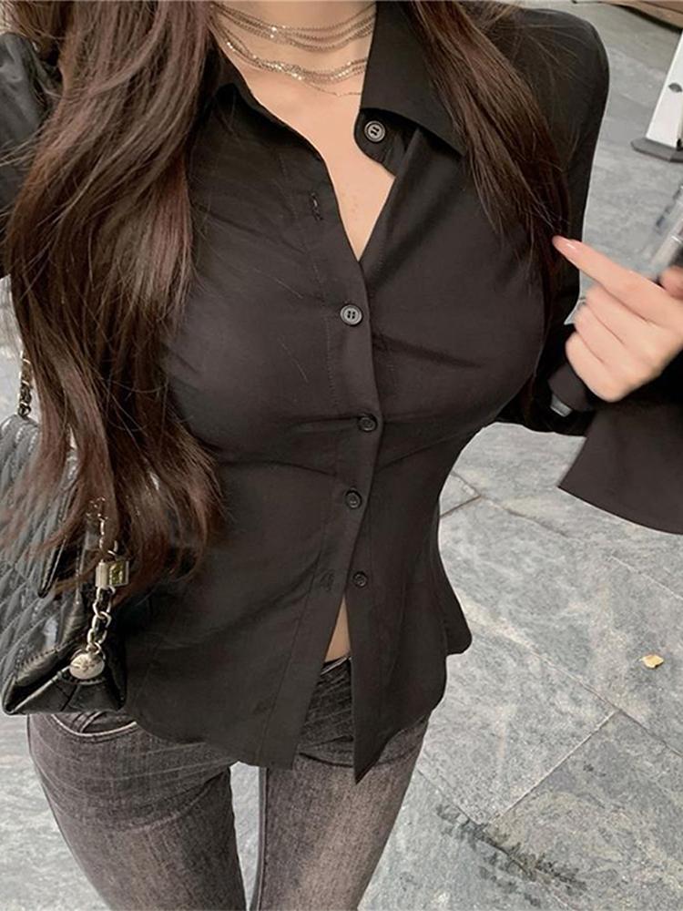 Schlanke ausgestellte Ärmel Damen Hemd solide Revers einreihige Rücken Bandage Tunika Frühling weibliche Blusen