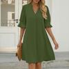 Damen Casual Plain V-Ausschnitt Loose Plissee Fünfviertelärmel Kleid Sommer