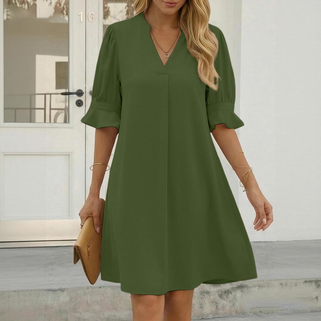Damen Casual Plain V-Ausschnitt Loose Plissee Fünfviertelärmel Kleid Sommer