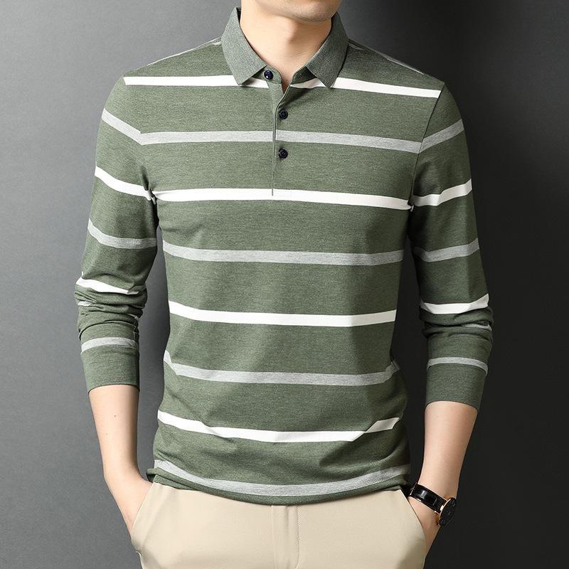 Nouveau T-shirt à manches longues pour hommes Printemps et Automne Style coréen tendance Jeunesse Décontracté Affaires Rayé Revers Fond Polo pour hommes XL