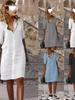 Loose Lapel Button Mid-Sleeve Solid Color Cotton Linen Shirt Dress