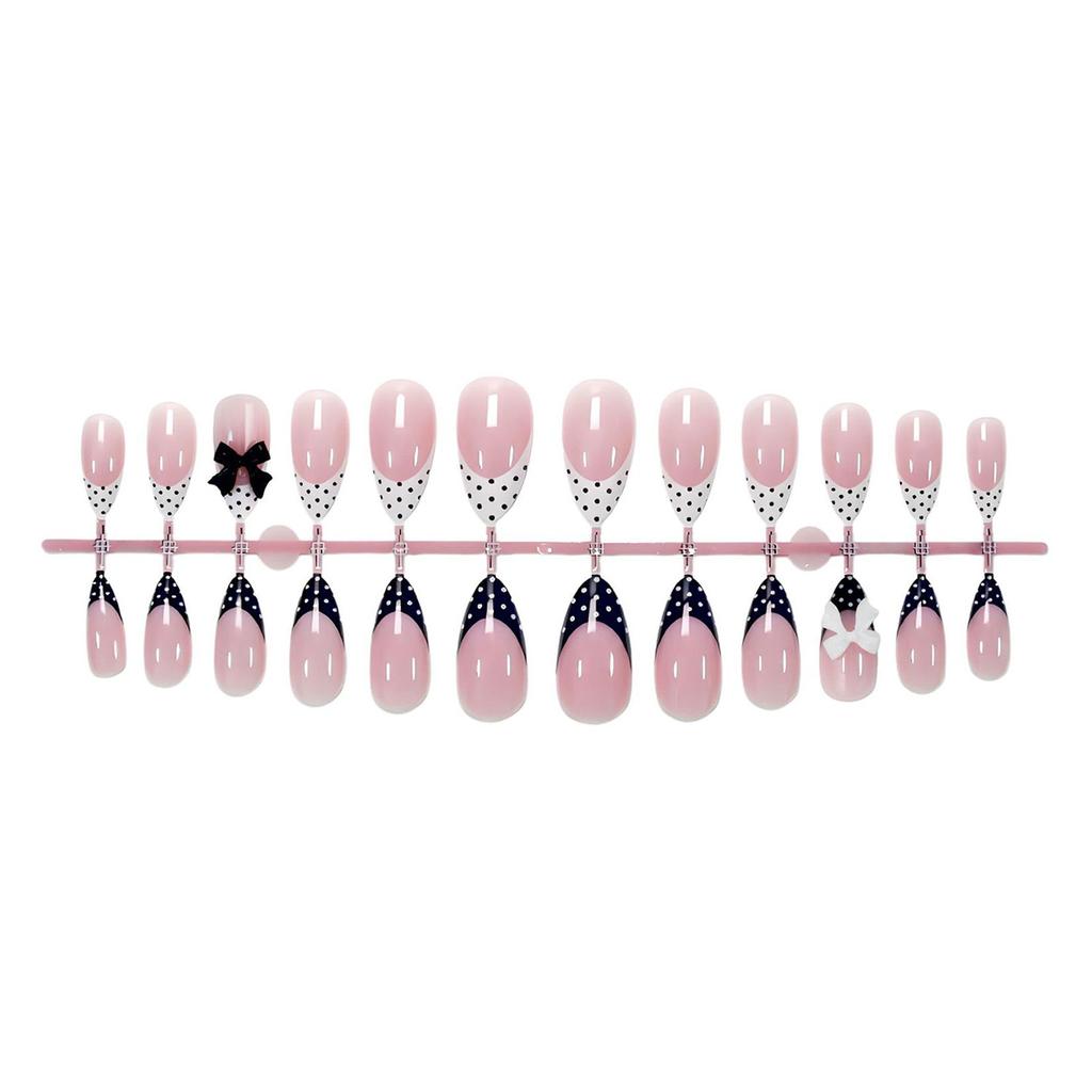 Black White Polka Dot-Bow Nail Tips 24 Pieces For Party Wedding