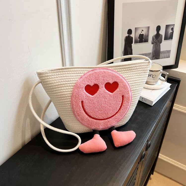 Pink corduroy three-dimensional smiley face tote big bag белый