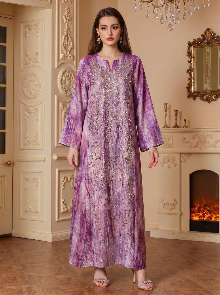 Elegant Sequin Printed Abaya: Fashionable Long Islamic Dress for Women