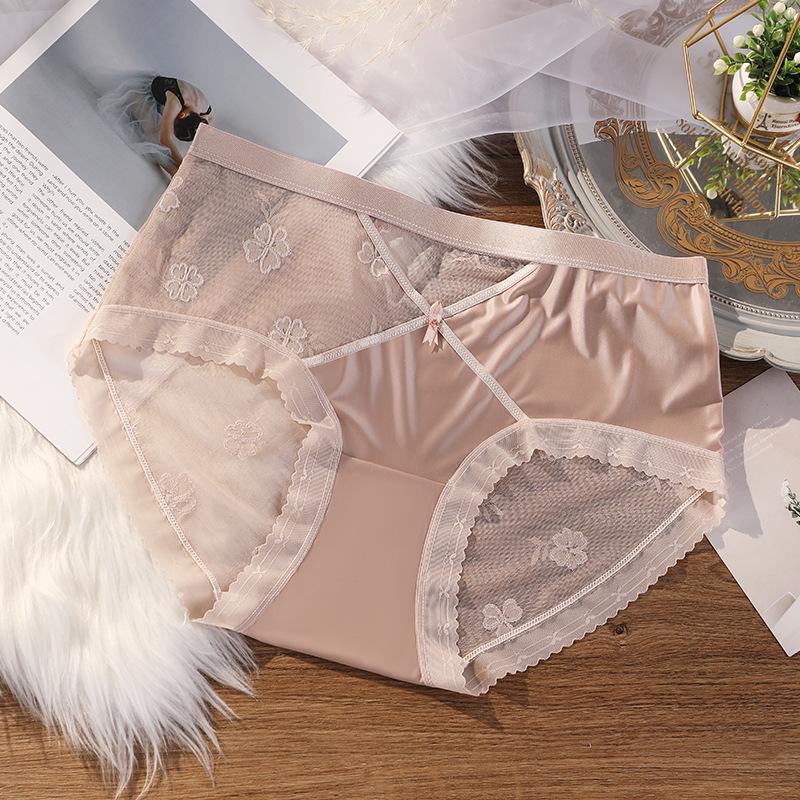 Plus Size Women Spring and Summer Sexy Hollow Lace Cotton 7a Antibacterial Extension Crotch Triangle Briefs
