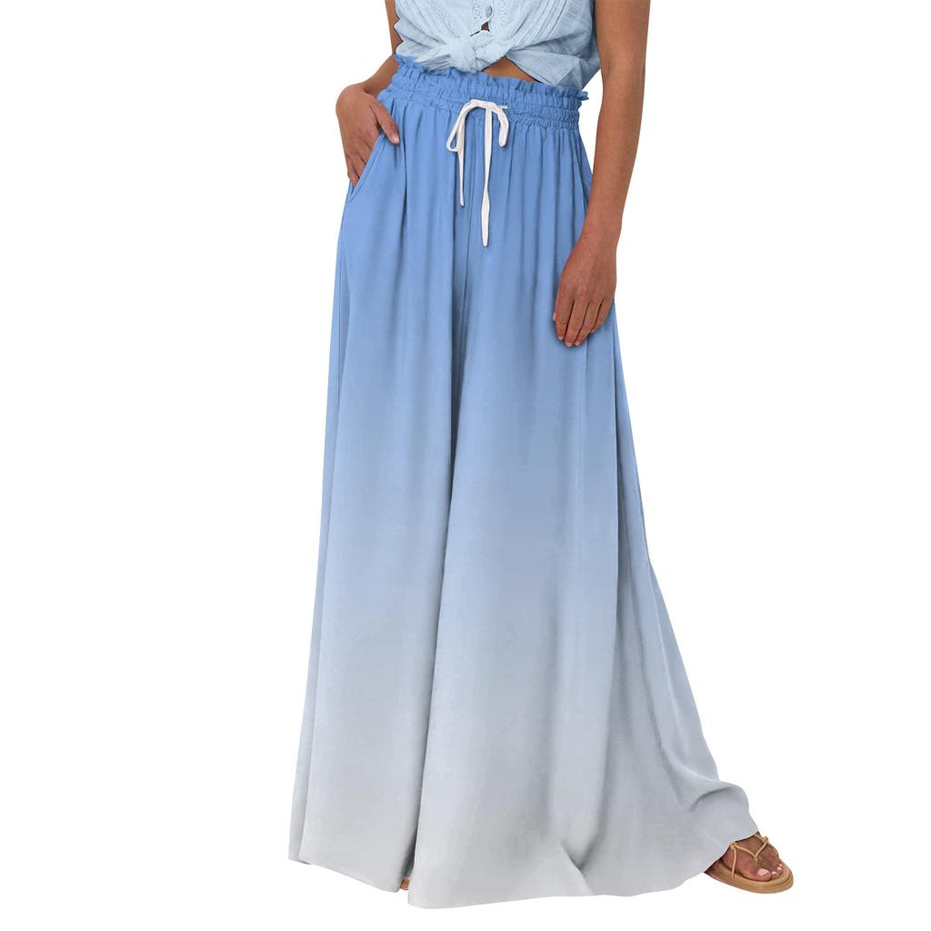 Damskie spodnie z szerokimi nogawkami i wysokim stanem Letnie, luźne spodnie palazzo z nadrukiem Spodnie plażowe z kieszenią