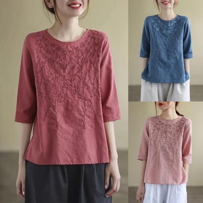 Women  Casual T-shirts  Summer Cotton Linen Vintage Style Floral Embroidery Loose Female Half Sleeve Tops Tees