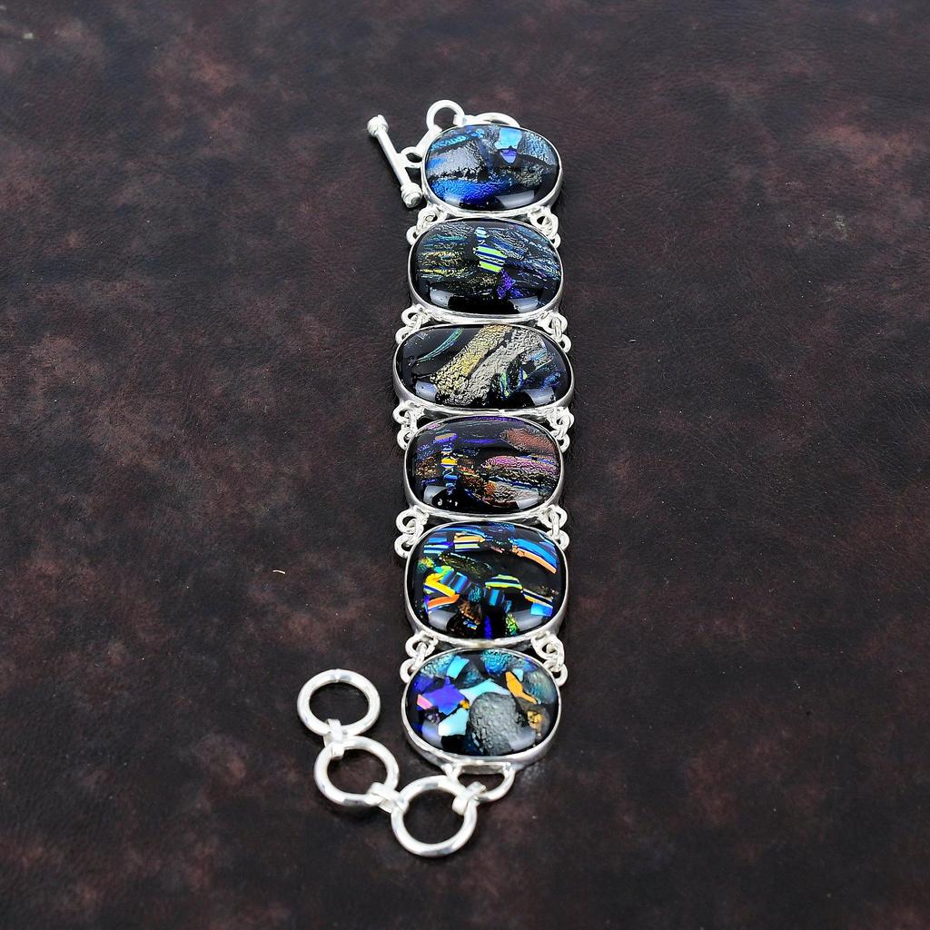 Bracelet en verre dichroïque américain Bracelet en argent sterling 925 Bracelet à chaîne réglable Bracelet en pierres précieuses fait à la main Bijoux en argent pour cadeaux