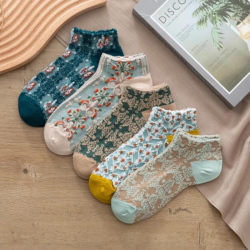 5 Pairs Set Flowers Socks Women Pack Ankle Harajuku Kawaii Cute Cotton Skarpetkie Damski Korea Style Floral Invisible No Show