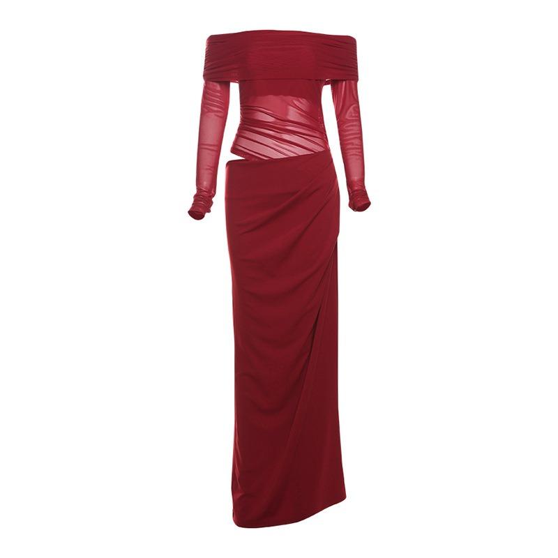 Spring New Women's Clothing Temperament Sexy One-word Shoulder Mesh See-through Long Dress Women