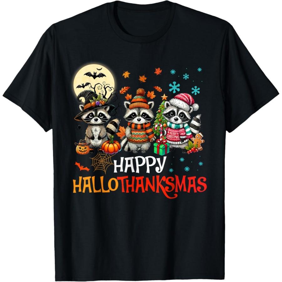 

Happy Hallothanksmas Raccoon Lover Halloween Merry Christmas T-Shirt XXXXXL чёрный